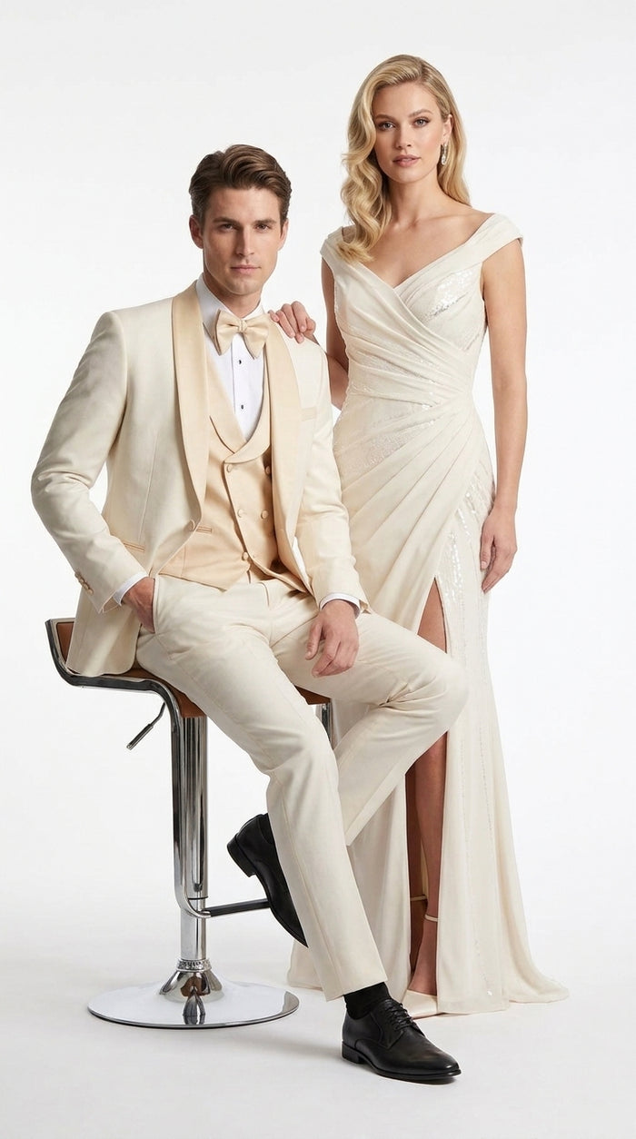 Men’s Champagne Cream Ivory Suit, Off White Formal Wedding Groom Tuxedo Suit