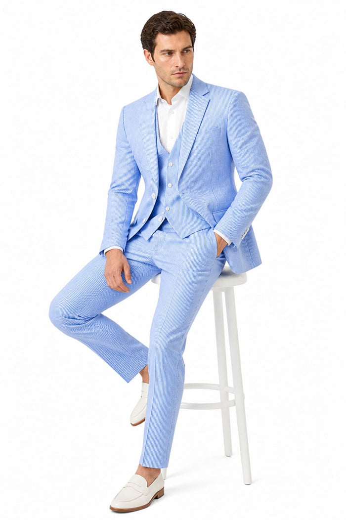 Men's  Notch Label Orange Colour Summer Seersucker Fabric Jacket and Pants 3 Piece Suit