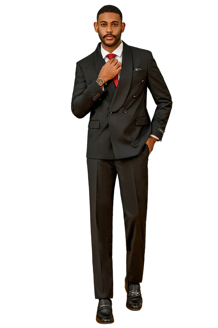 Mens Double Breasted Shawl Lapel Suit in Black Modern Fit