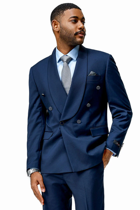 Mens Modern Fit Double Breasted Shawl Lapel Suit in Navy