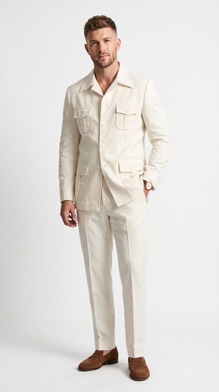 Men’s Off White Casual Safari Suit, Modern Fit Pocket Front Summer Walking Suit