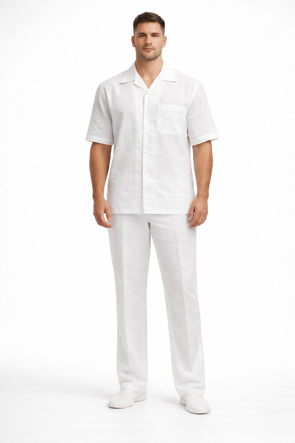 Men's White Linen 2 Piece Short Sleeve Casual Outfit Casual Two Piece Mens Walking Outfit For Sale Pant Sets Suit all white outfits for men