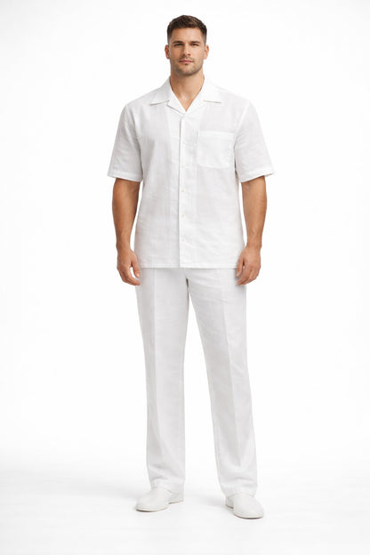 Men's White Linen 2 Piece Short Sleeve Casual Outfit Casual Two Piece Mens Walking Outfit For Sale Pant Sets Suit all white outfits for men