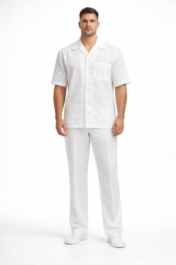 Men's White Linen 2 Piece Short Sleeve Casual Outfit Casual Two Piece Mens Walking Outfit For Sale Pant Sets Suit all white outfits for men
