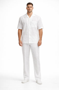 Men's White Linen 2 Piece Short Sleeve Casual Outfit Casual Two Piece Mens Walking Outfit For Sale Pant Sets Suit all white outfits for men
