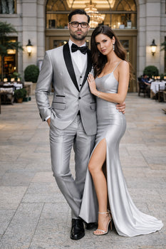 Men'S Shiny Sharkskin Tuxedo Silver Gray ~ Light Grey Black Lapel Two Toned Vested Tuxedo - Mens Grey And Black Tuxedo Wedding - Charcoal Grey Tuxedo - Image 5