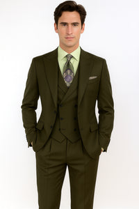 Classic Wool Fabric Fit - Pleated Pants - Peak Lapel With Double Breasted Vest - Athletic Fit Solid Olive Mens Suit