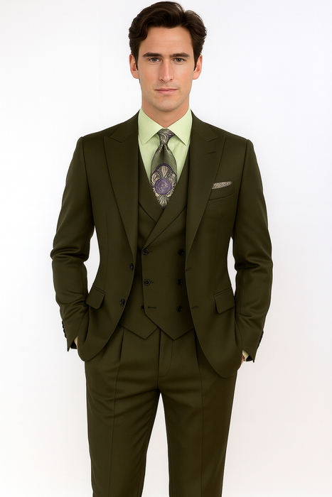 Classic Wool Fabric Fit - Pleated Pants - Peak Lapel With Double Breasted Vest - Athletic Fit Solid Olive Mens Suit