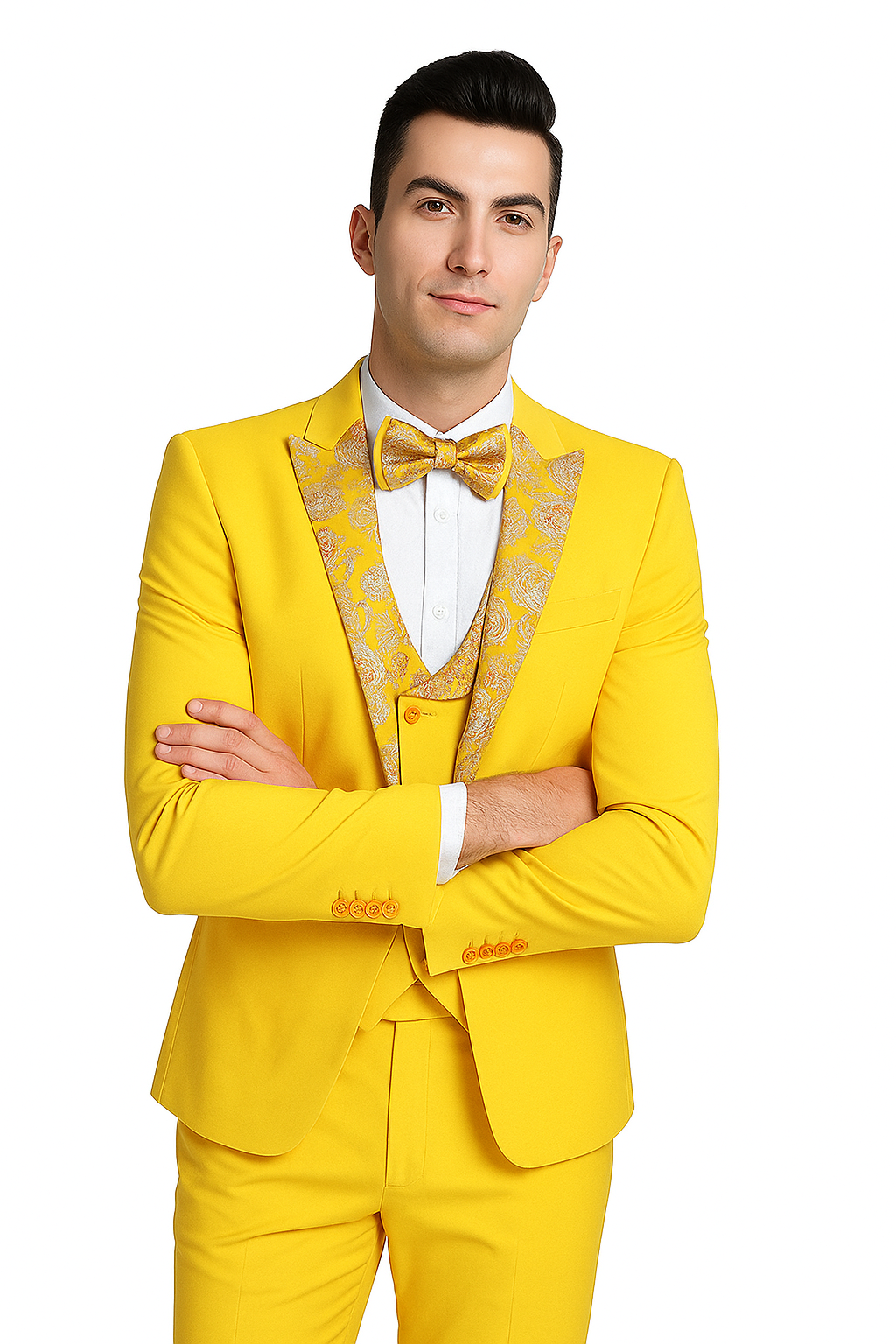 Radiant Golden Bloom Mens 3-Piece Suit with Floral Peak Lapel Modern Fit