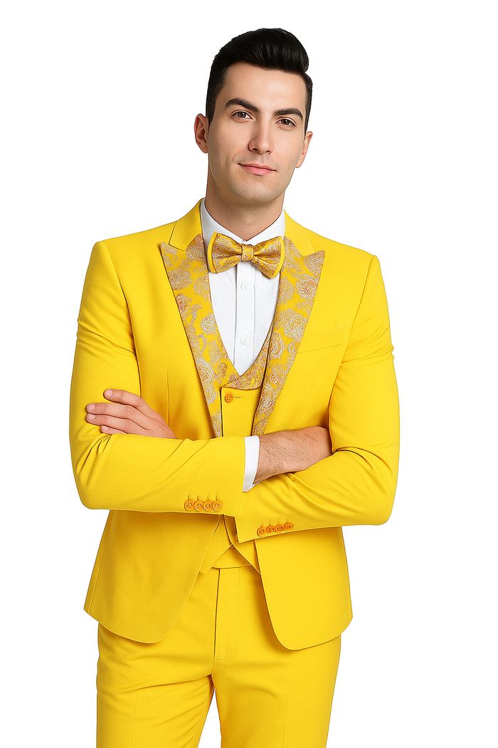 Radiant Golden Bloom Mens 3-Piece Suit with Floral Peak Lapel Modern Fit