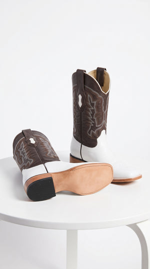 Los Altos Men’s White Ostrich Belly Leather Cowboy Boots, Wide Square Toe Western Boots with Brown Embroidered Shaft