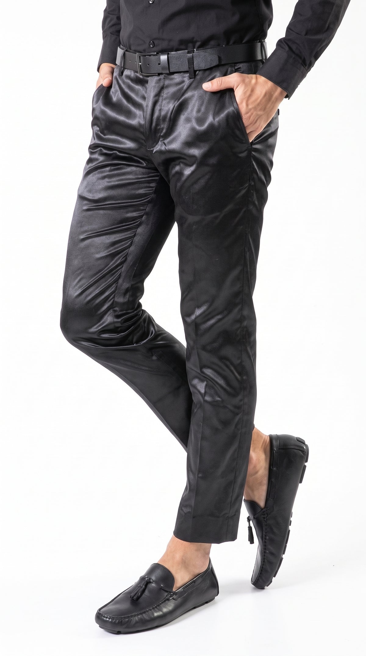 Men’s Black Shiny Dress Pants, Modern Formal Party Pants for Prom and Special Events