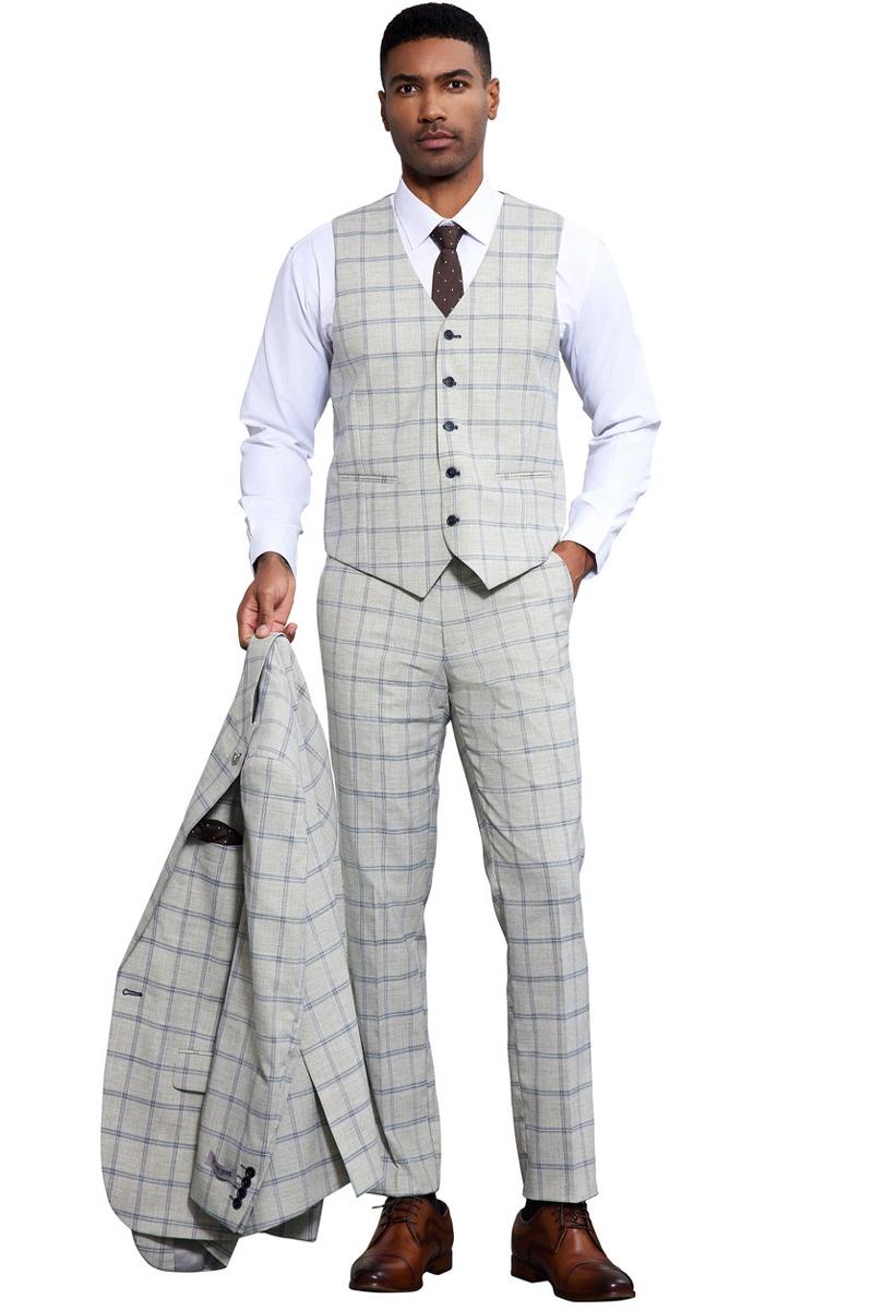 Men's Stacy Adams One Button Peak Lapel Vested Windowpane Plaid Suit in Grey & Blue - Image 5