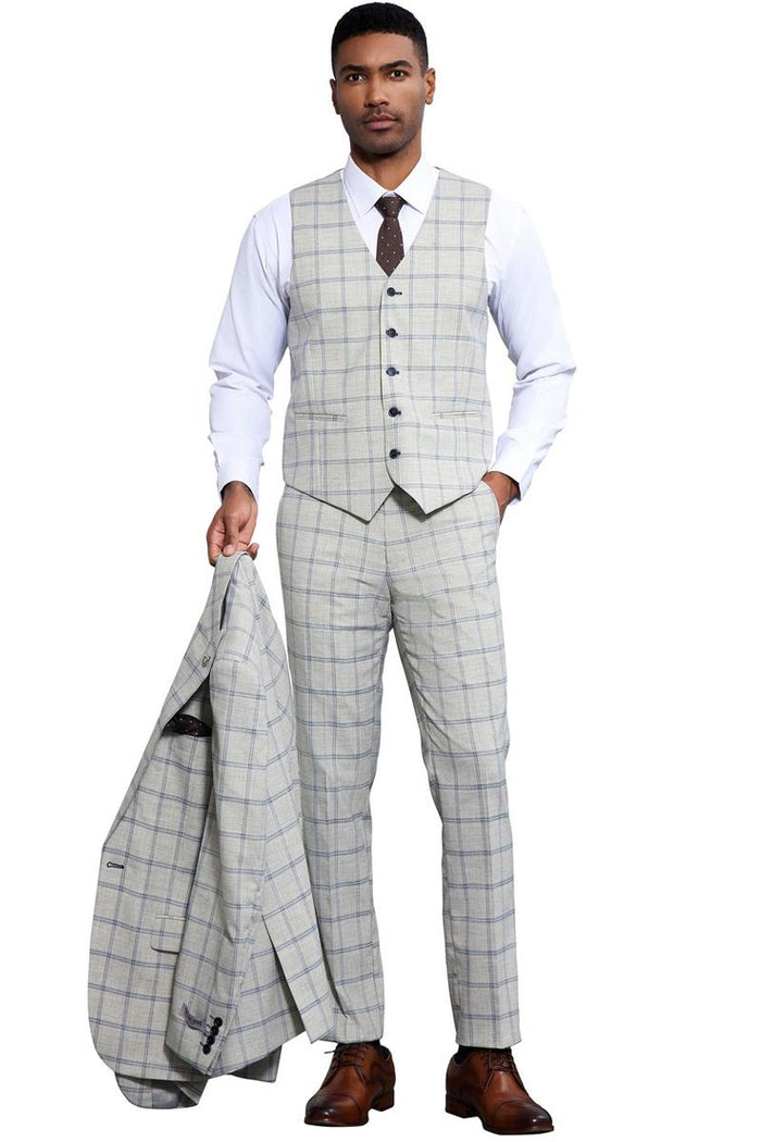 Men's Stacy Adams One Button Peak Lapel Vested Windowpane Plaid Suit in Grey & Blue - Image 5