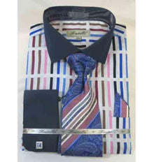 Stripe Multi Pattern 100% Cotton French Cuff Blue Multi Men's Dress Shirt