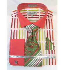 Stripe Multi Pattern Coral Multi Cotton French Cuff Salmon ~  Melon ~ Peachish Pinkish Color Men's Dress Shirt