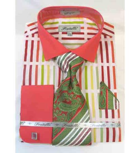 Stripe Multi Pattern Coral Multi Cotton French Cuff Salmon ~ Melon ~ Peachish Pinkish Color Men's Dress Shirt