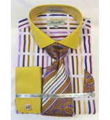Stripe Multi Pattern Cotton French Cuff Mustard Multi Men's Dress Shirt