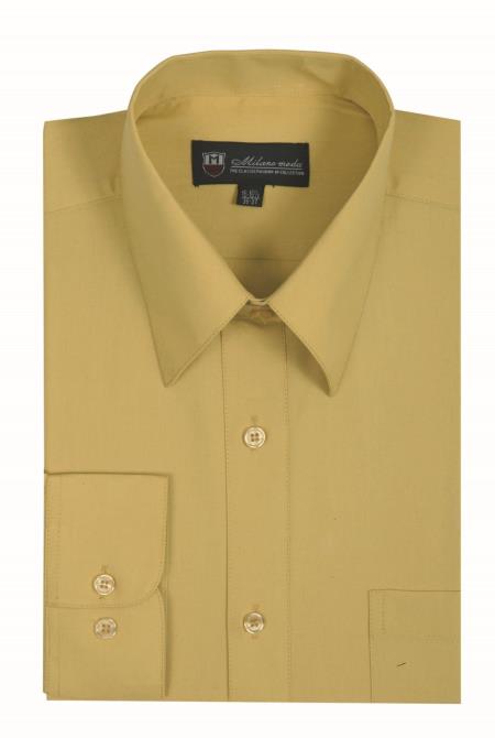 Traditional Plain Solid Color Mustard Men's Dress Shirt Mustard / 19.5” Neck /34-35” Sleeve