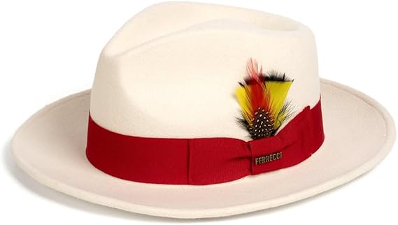 Gangster 100% Australian Wool Crushable Mens Fedora Hat - Removable Feather Gangster White and Red Mens Fedora Hat