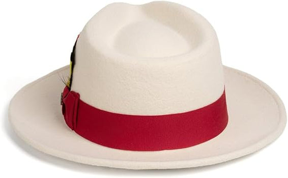 Gangster 100% Australian Wool Crushable Mens Fedora Hat - Removable Feather Gangster White and Red Mens Fedora Hat