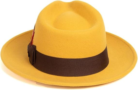 Gangster 100% Australian Wool Crushable Mens Fedora Hat - Removable Feather Gangster Mustard Mens Fedora Hat