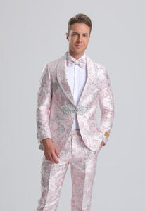 Men's Fancy Pink Floral Paisley Prom Tuxedo with Silver Trim Cheap Prom Tuxedos