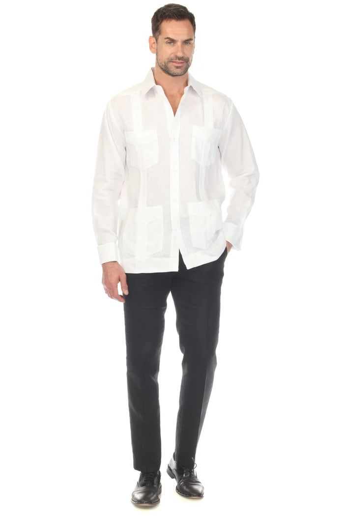 Men's White 100% Linen Four-Pocket Guayabera Shirt – Long Sleeve