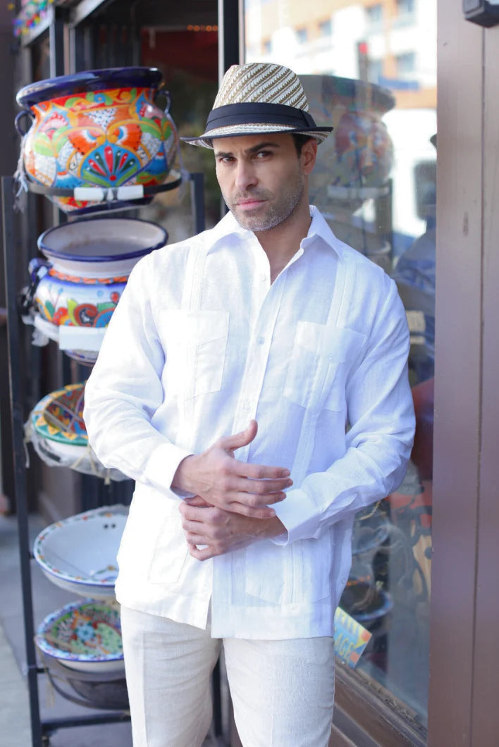 Men's White 100% Linen Four-Pocket Guayabera Shirt – Long Sleeve