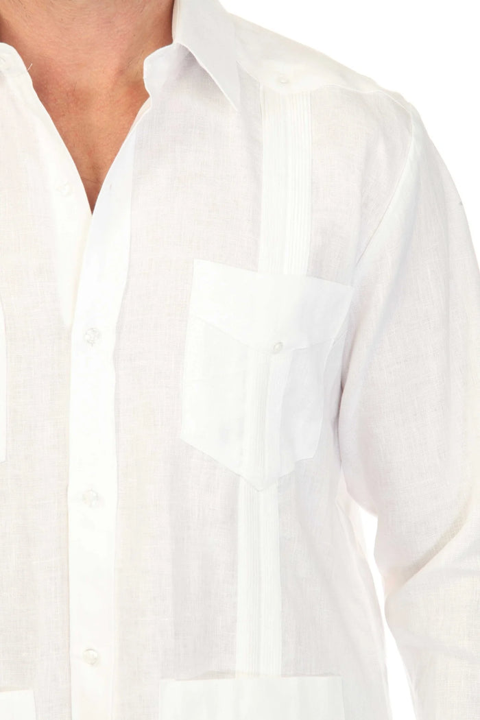 Men's White 100% Linen Four-Pocket Guayabera Shirt – Long Sleeve