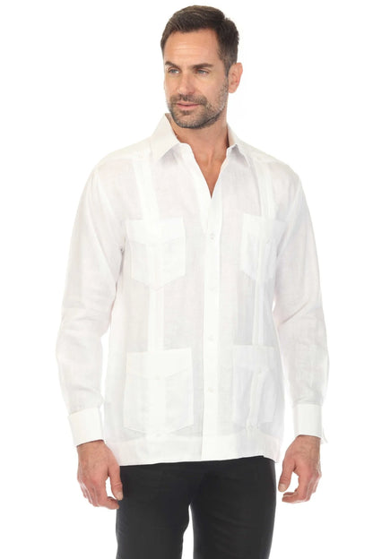 Men's White 100% Linen Four-Pocket Guayabera Shirt – Long Sleeve