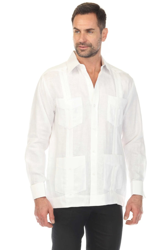 Men's White 100% Linen Four-Pocket Guayabera Shirt – Long Sleeve