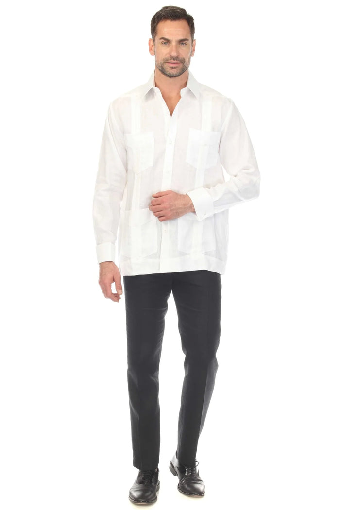 Men's White 100% Linen Four-Pocket Guayabera Shirt – Long Sleeve