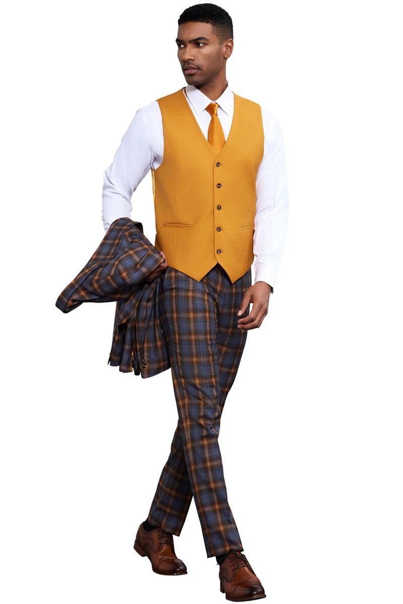 Men's Stacy Adams Bold Windowpane Plaid Print Vested Suit in Grey & Gold - Image 4