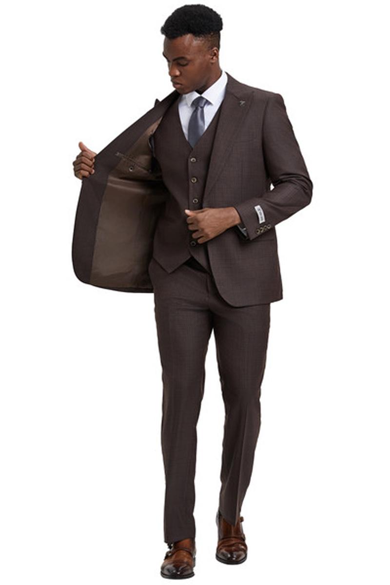 Men's Stacy Adams Vested One Button Wide Peak Lapel Windowpane Plaid Suit in Brown - Image 4