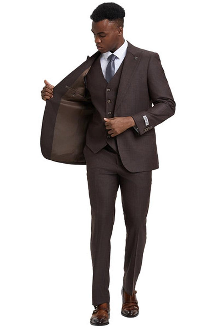 Men's Stacy Adams Vested One Button Wide Peak Lapel Windowpane Plaid Suit in Brown - Image 4