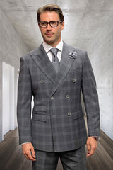 Men's Designer Classic Fit Double Breasted Wool Suit in Grey Windowpane Plaid