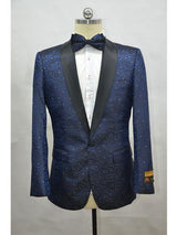 Navy Black Men's Printed Patterned Print Floral Tuxedo
