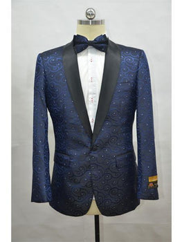 Navy Black Men's Printed Patterned Print Floral Tuxedo