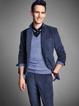 Men's Dark Navy Blue Suit For Men 2 Buttons Style CORDUROY SUIT ( Blazer Sportcoat + Slacks)