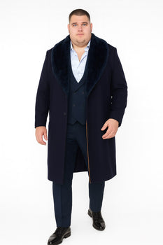 Mens Navy Blue Overcoat with Faux Fur Collar – Luxury Long Winter Coat for Formal and Casual Wear Topcoat