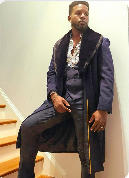 Mens Navy Blue Overcoat with Faux Fur Collar – Luxury Long Winter Coat for Formal and Casual Wear Topcoat