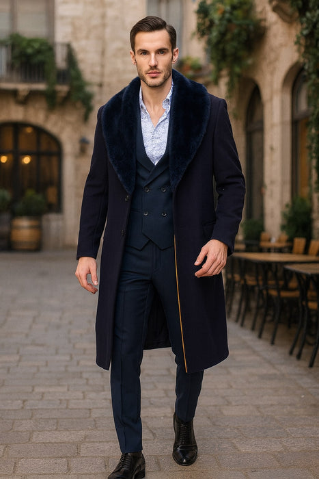 Mens Navy Blue Overcoat with Faux Fur Collar – Luxury Long Winter Coat for Formal and Casual Wear Topcoat