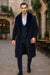 Mens Navy Blue Overcoat with Faux Fur Collar – Luxury Long Winter Coat for Formal and Casual Wear Topcoat