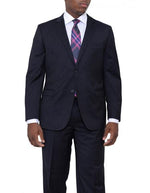 Men's 2 Buttons Dark Navy Blue Suit For Men Pinstriped Classic Fit Wool Suit Flat Front Pants