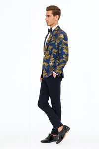 Mens Navy Blue and Gold Floral Tuxedo Jacket – Luxury Slim Fit Blazer with Gold Pattern Paisley Pattern Matching Bowtie