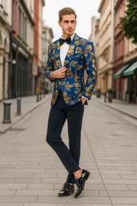 Mens Navy Blue and Gold Floral Tuxedo Jacket – Luxury Slim Fit Blazer with Gold Pattern Paisley Pattern Matching Bowtie
