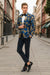 Mens Navy Blue and Gold Floral Tuxedo Jacket – Luxury Slim Fit Blazer with Gold Pattern Paisley Pattern Matching Bowtie