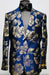 Mens Navy Blue and Gold Floral Tuxedo Jacket – Luxury Slim Fit Blazer with Gold Pattern Paisley Pattern Matching Bowtie