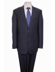 Designer Affordable Inexpensive Men's Striped Pattern Dark Navy Suit with Flat Front Pant